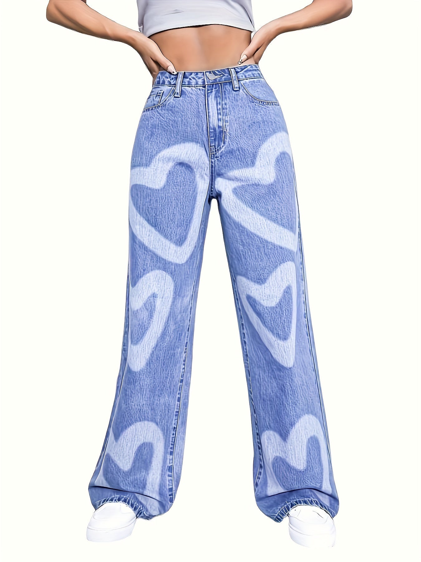 Women's High-Waisted Wide Leg Denim Jeans with Heart Print - Light Blue Casual Loose Fit Pants, Cotton, Long Length, Perfect for Casual Attire